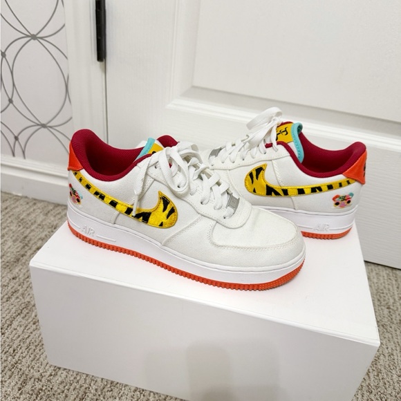 Nike Air Force Shoes - Nike White and Orange Sneakers with Tiger Print